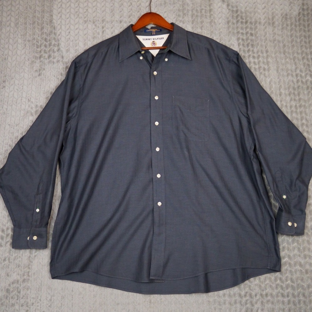 Tommy Hilfiger Dress Shirt Mens 17.5 34/35 Navy Blue Herringbone Tailored Cotton
